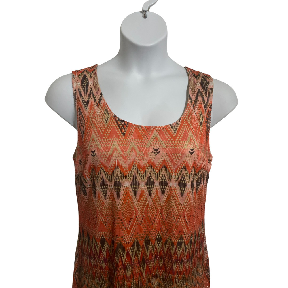 Women's size 14 sleeveless net orange, brown and white print short dress - Picture 2 of 3